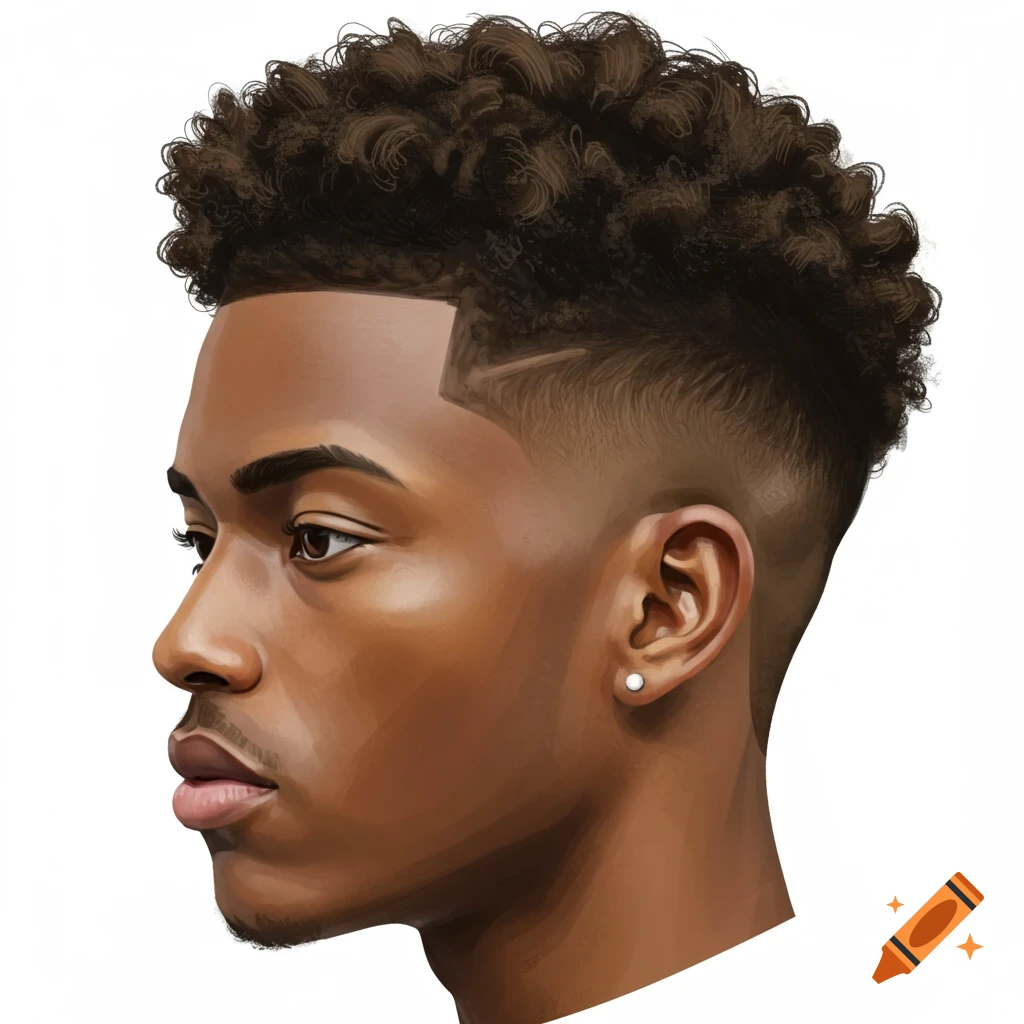 Profile portrait illustration of a young man with a low taper fade haircut  and earring. on Craiyon