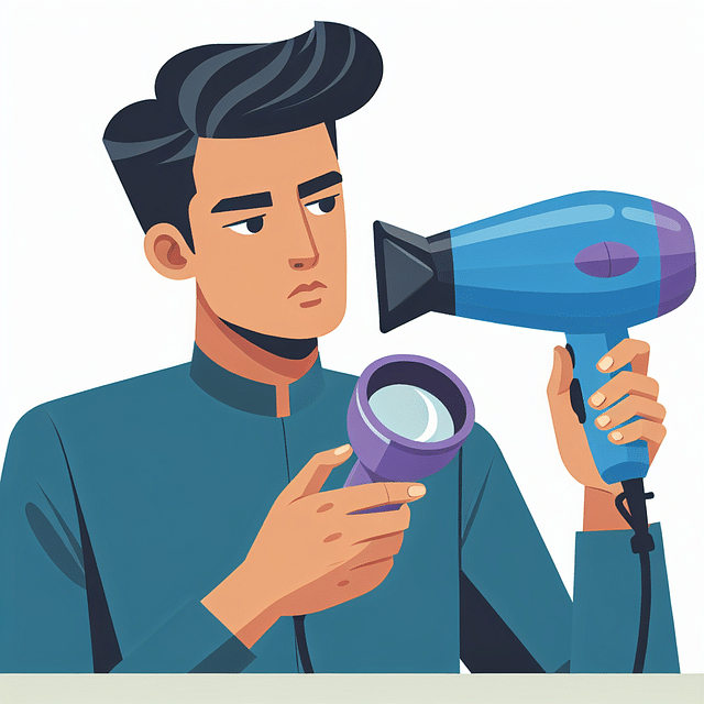 man using concentrator nozzle on hair dryer