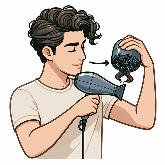 man using diffuser on hair dryer for curls