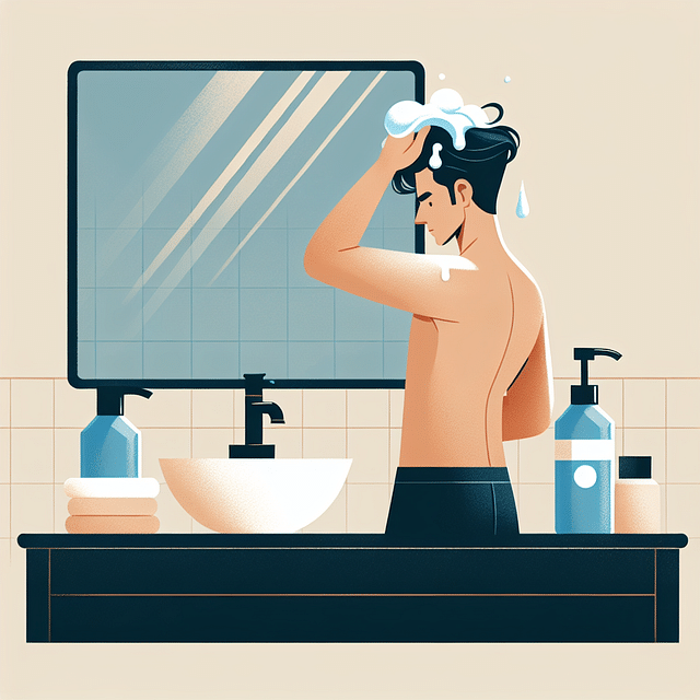 man washing hair with clarifying shampoo