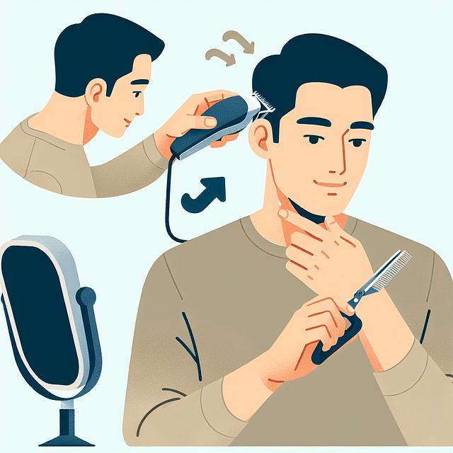 man trimming his hair with clippers using a mirror