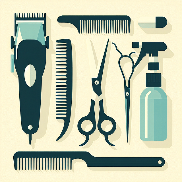 hair clippers, scissors, wide-tooth comb, and spray bottle arranged neatly