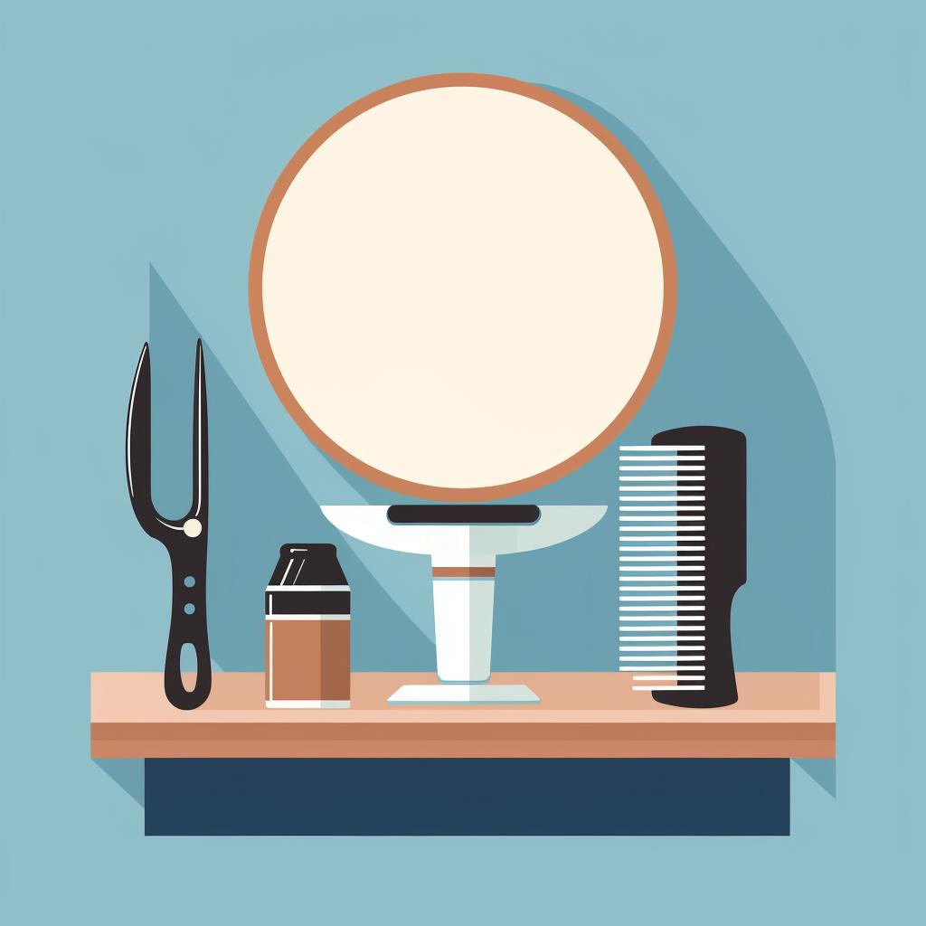 Hair clipper, comb, scissors, and mirror arranged on a table