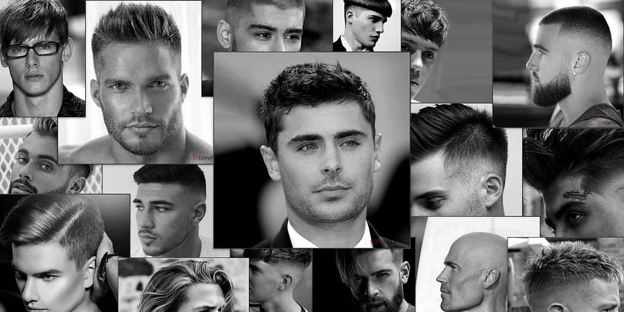 Collage of iconic men\'s long hair fades from different eras