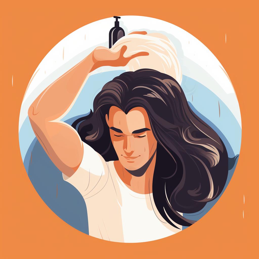 Man applying conditioner to his long, thick hair