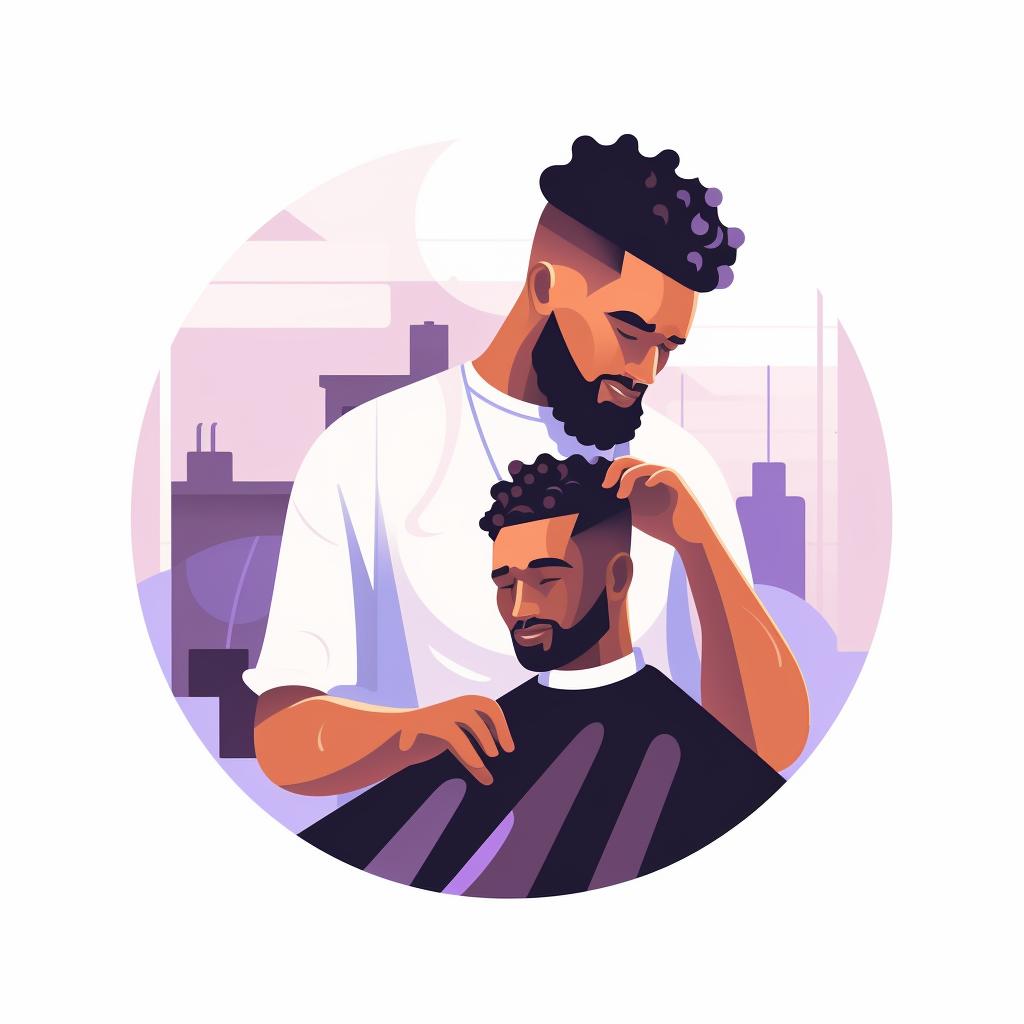 A barber working on a client's low fade with curly hair