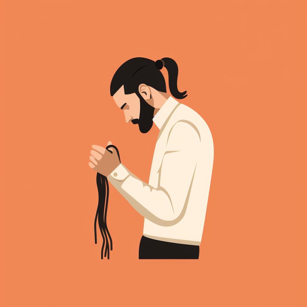 Man tying a ponytail with a hair tie