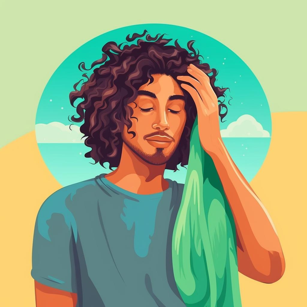 A man patting his freshly washed, damp curly hair with a towel.