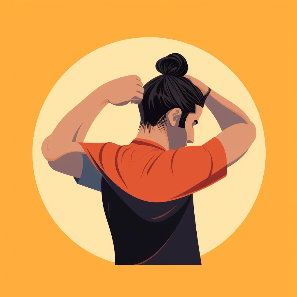 A man pulling his hair into a ponytail