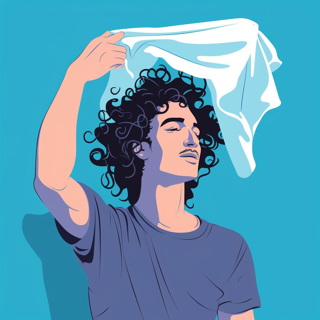 A man gently drying his curly hair with a microfiber cloth.